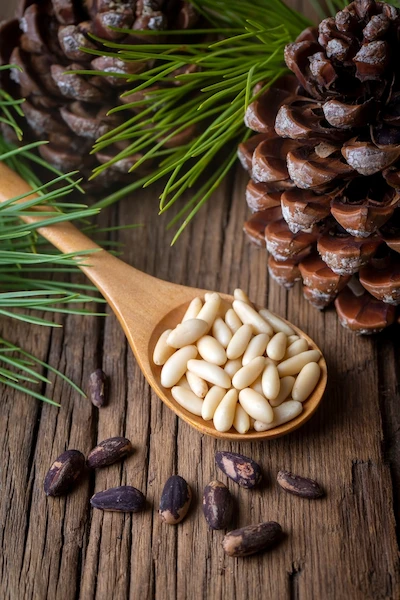 Pine nuts in green and wooden backgrond